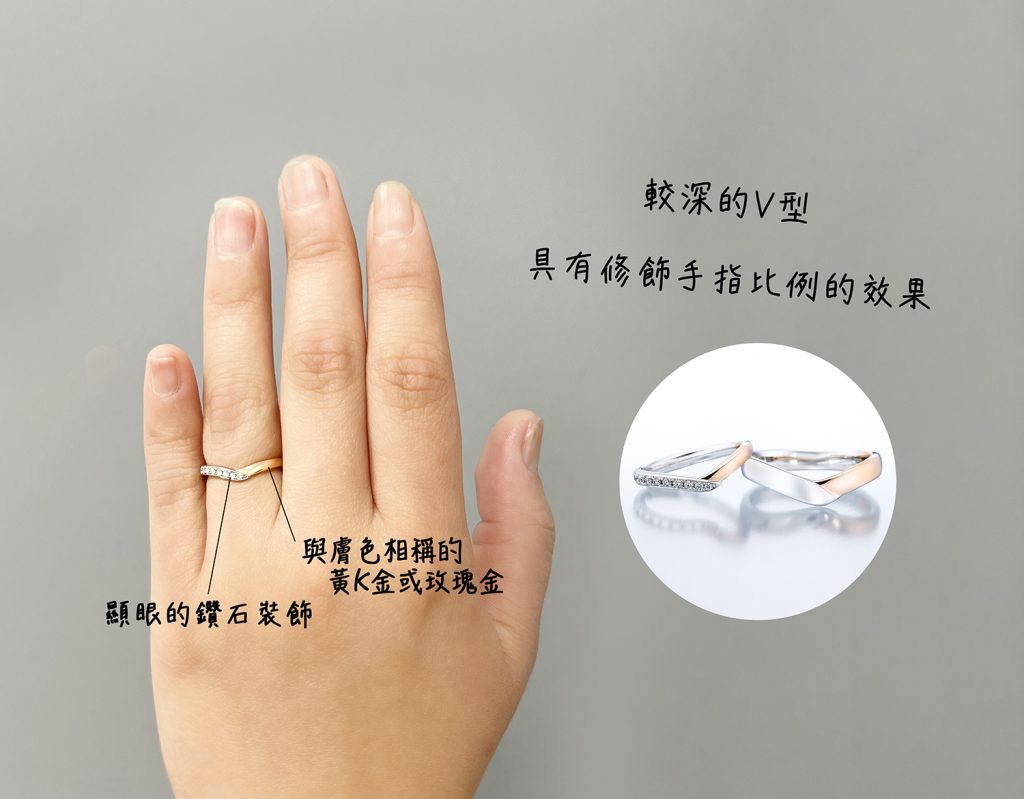 嬌小手型適合佩戴深V型戒款，以修飾手指的視覺比例。